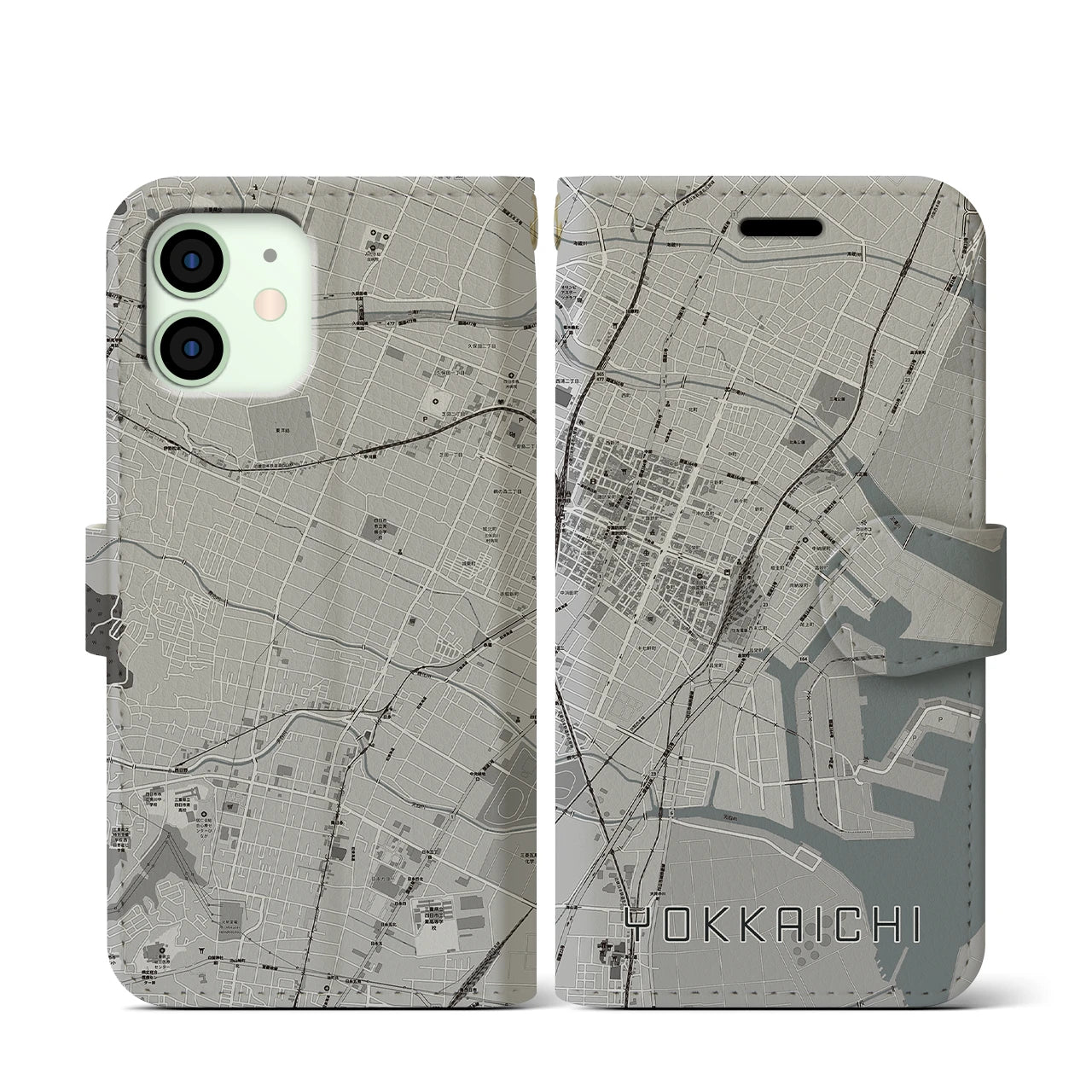 【四日市(三重県)】地図柄iPhoneケース(手帳タイプ)モノトーン・iPhone 12 mini 用