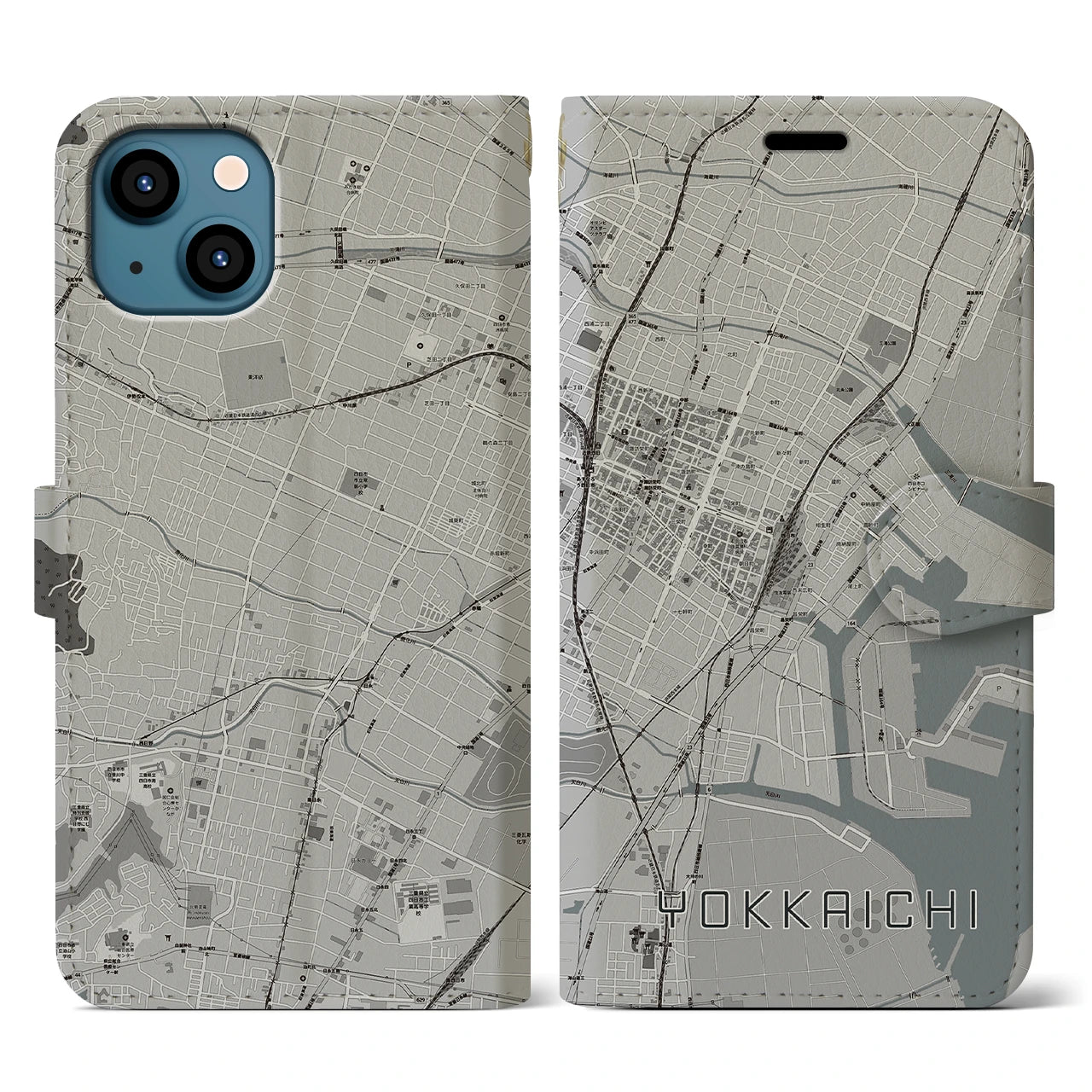 【四日市(三重県)】地図柄iPhoneケース(手帳タイプ)モノトーン・iPhone 13 用
