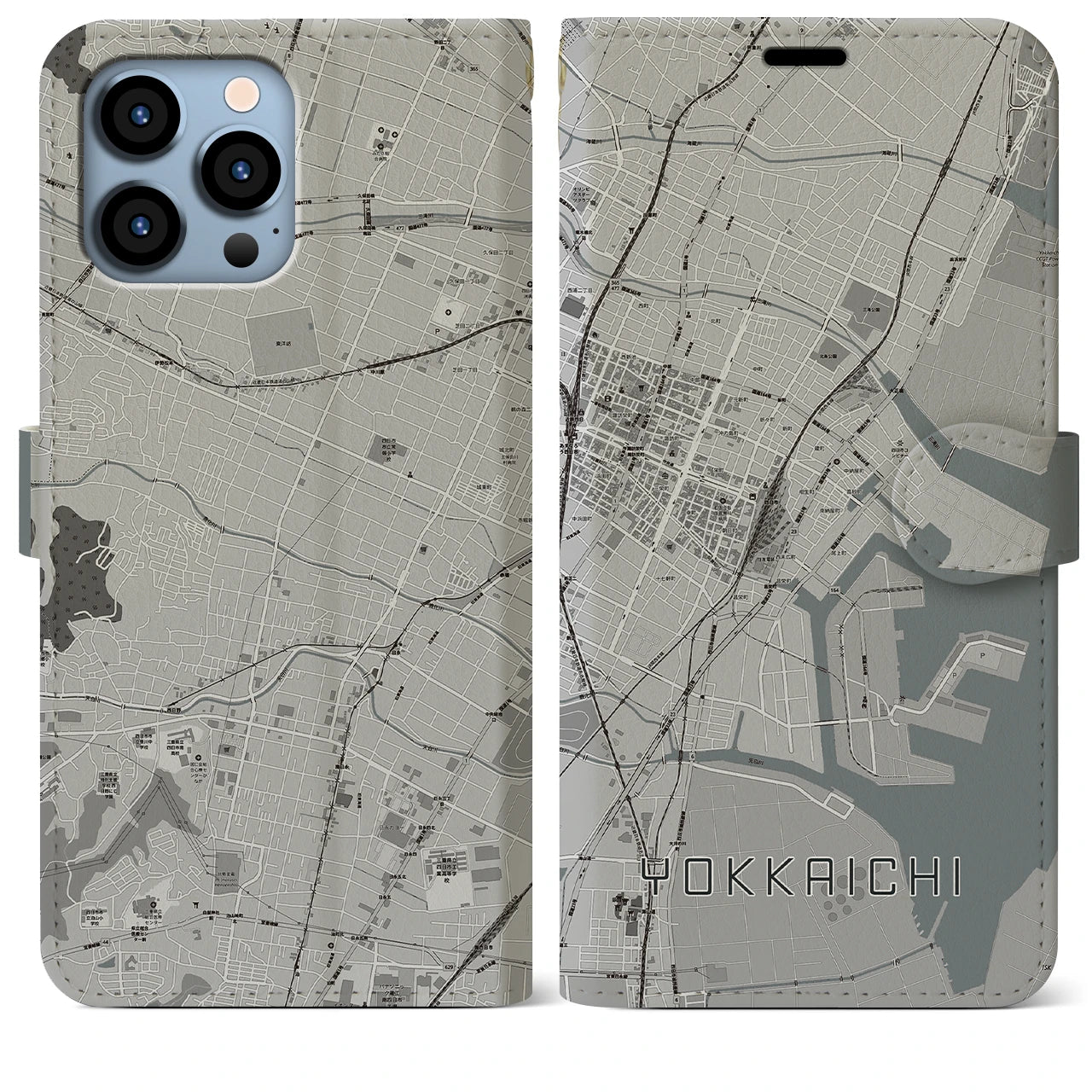 【四日市(三重県)】地図柄iPhoneケース(手帳タイプ)モノトーン・iPhone 13 Pro Max 用