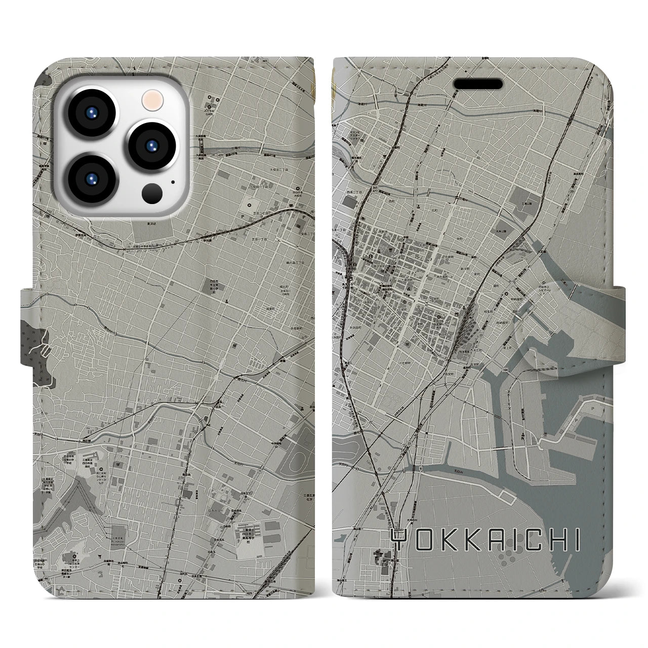 【四日市(三重県)】地図柄iPhoneケース(手帳タイプ)モノトーン・iPhone 13 Pro 用