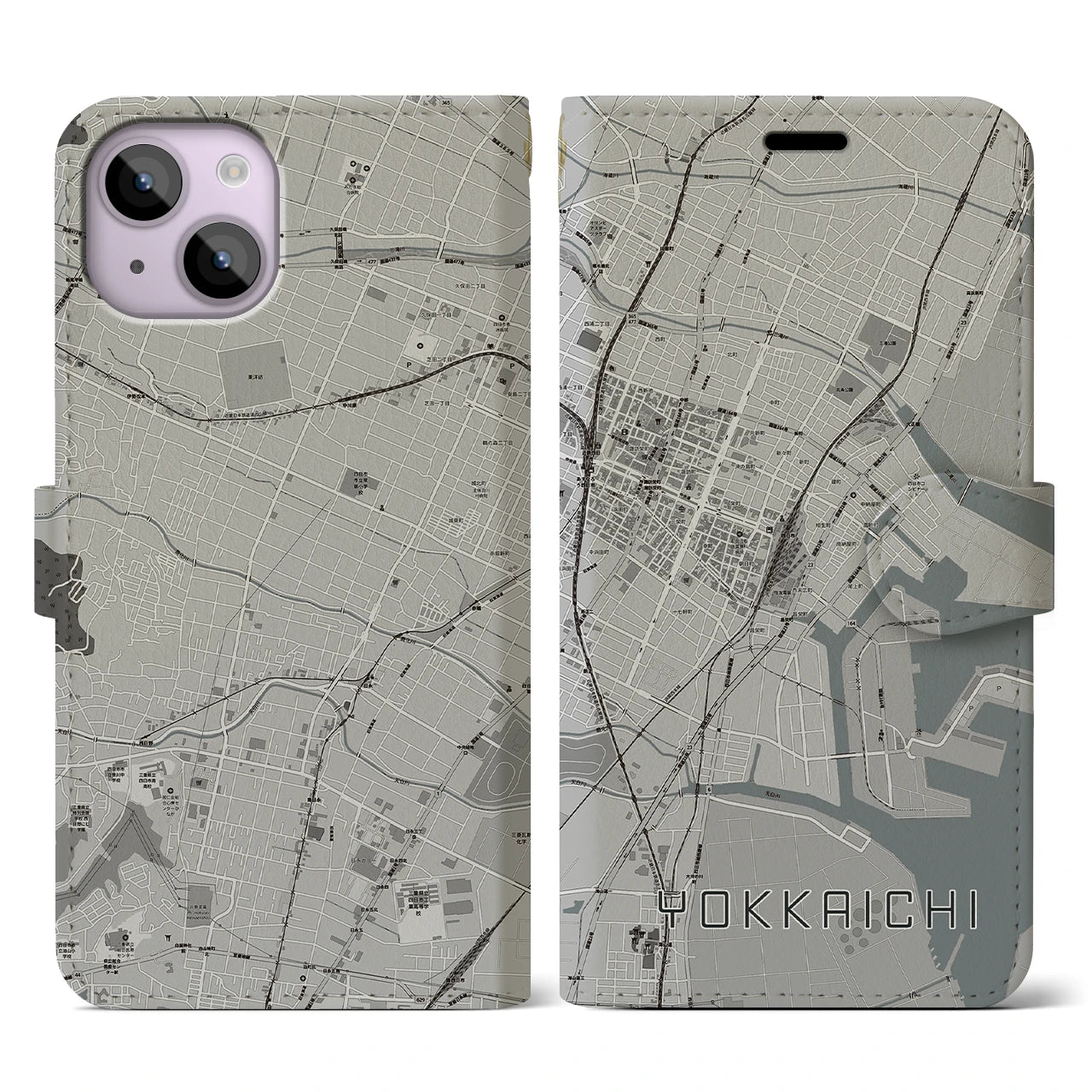 【四日市(三重県)】地図柄iPhoneケース(手帳タイプ)モノトーン・iPhone 14 用