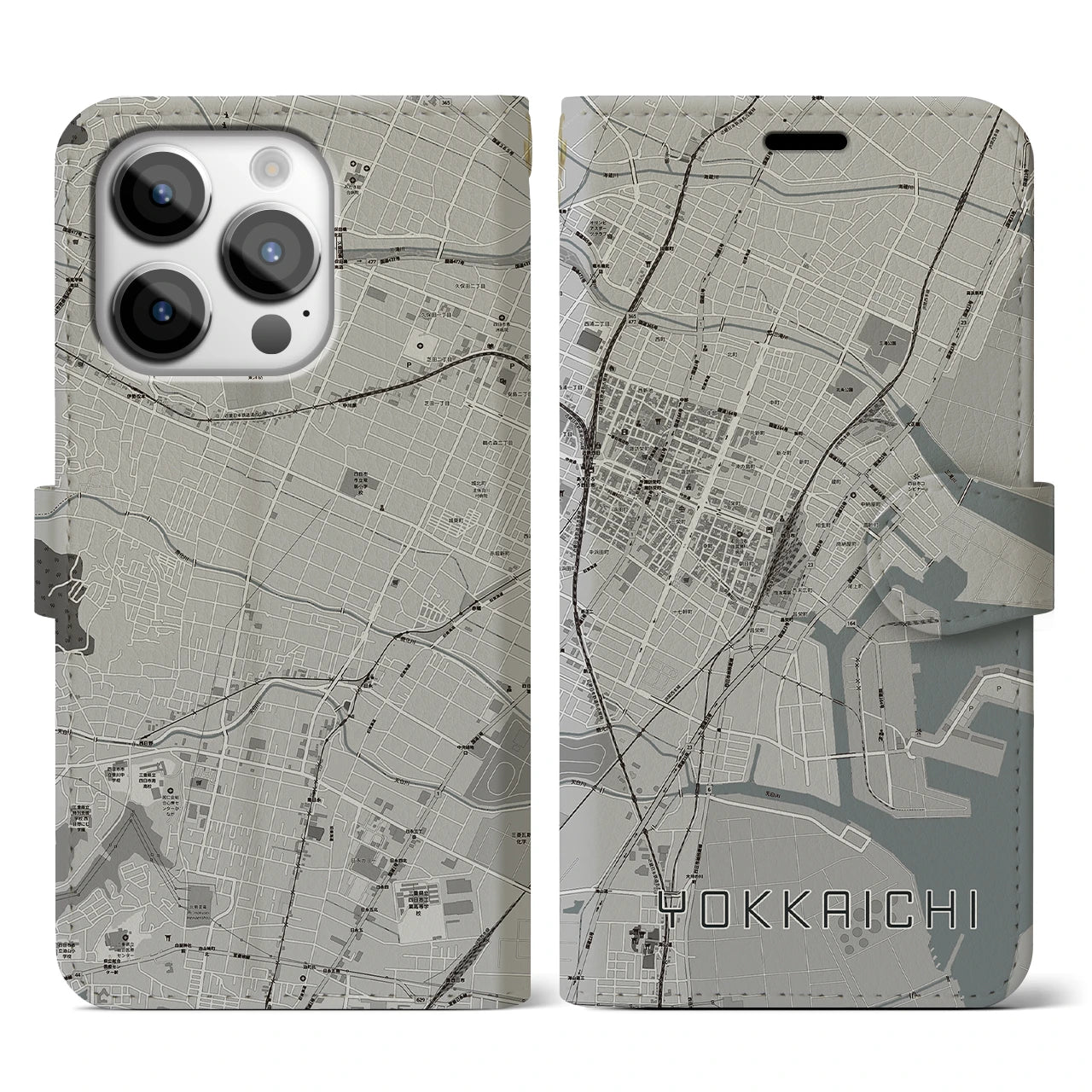 【四日市(三重県)】地図柄iPhoneケース(手帳タイプ)モノトーン・iPhone 14 Pro 用