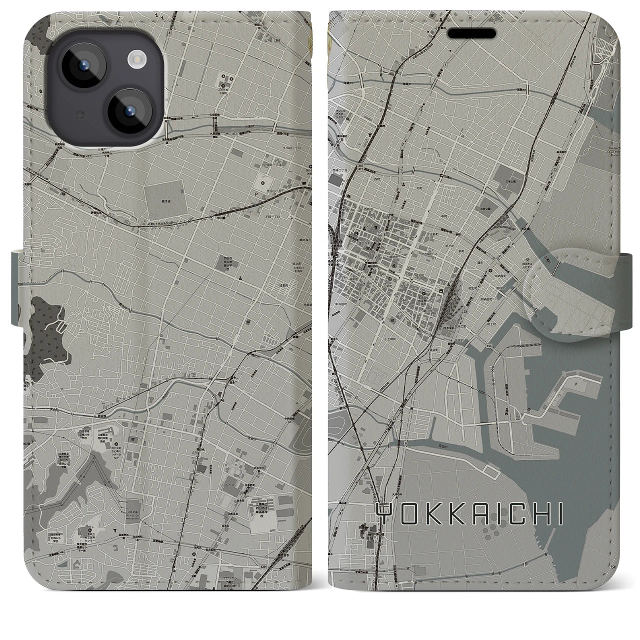 【四日市(三重県)】地図柄iPhoneケース(手帳タイプ)モノトーン・iPhone 14 Plus 用
