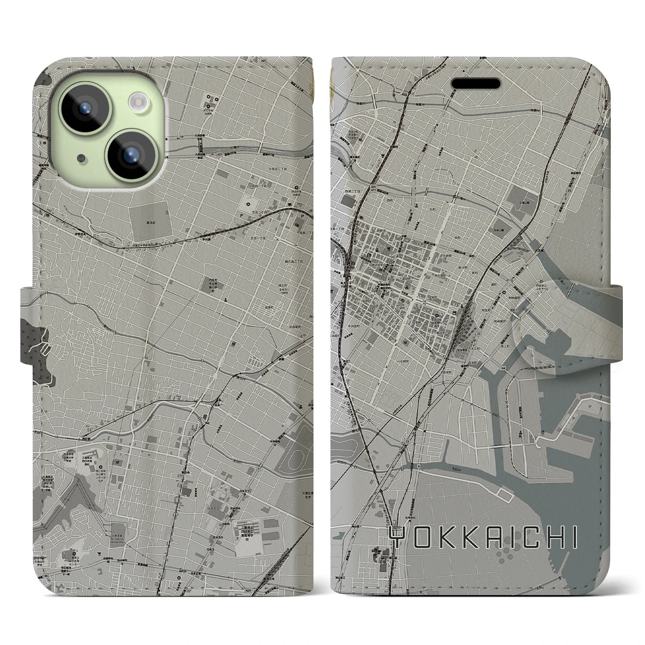 【四日市(三重県)】地図柄iPhoneケース(手帳タイプ)モノトーン・iPhone 15 用