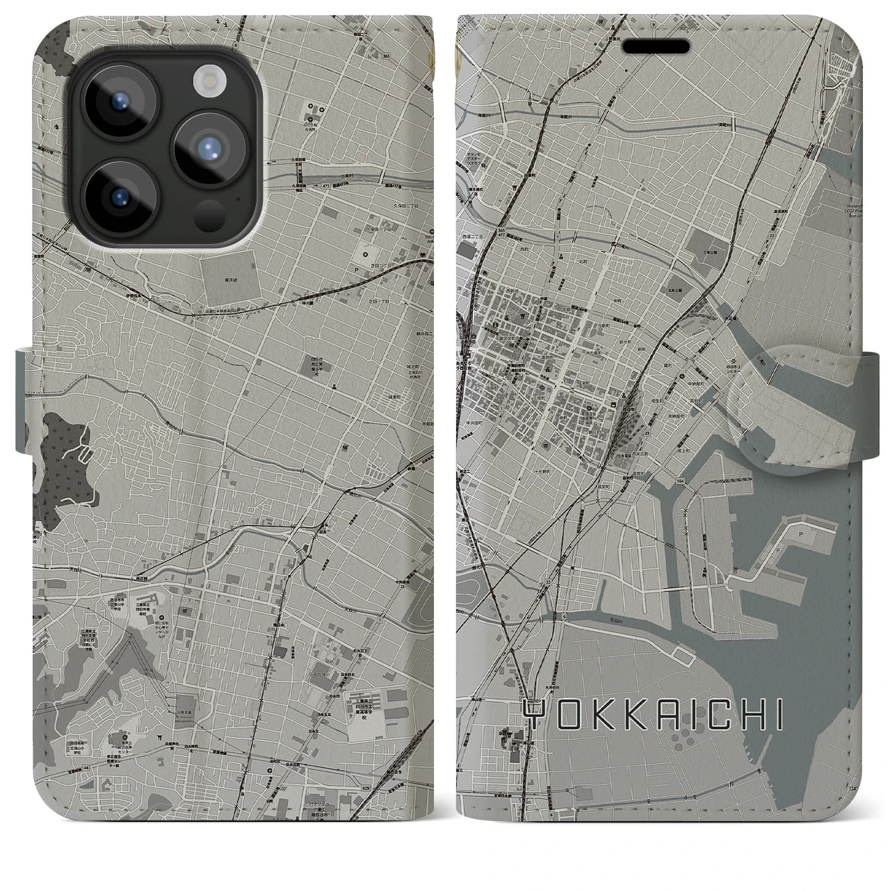 【四日市(三重県)】地図柄iPhoneケース(手帳タイプ)モノトーン・iPhone 15 Pro Max 用