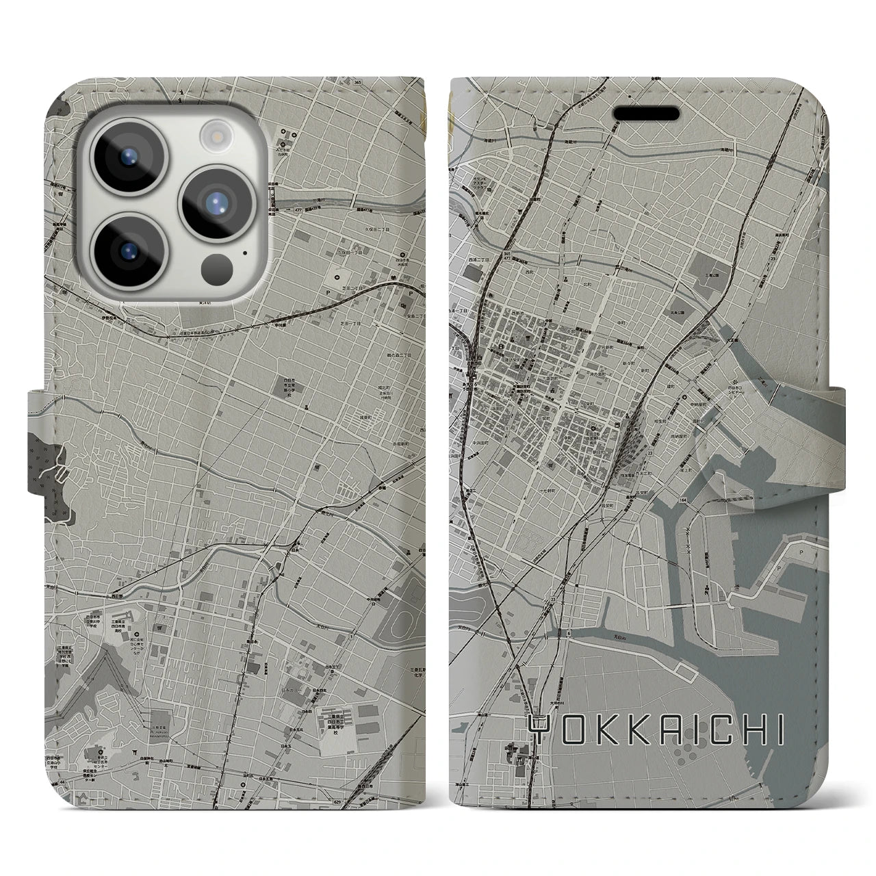 【四日市(三重県)】地図柄iPhoneケース(手帳タイプ)モノトーン・iPhone 15 Pro 用