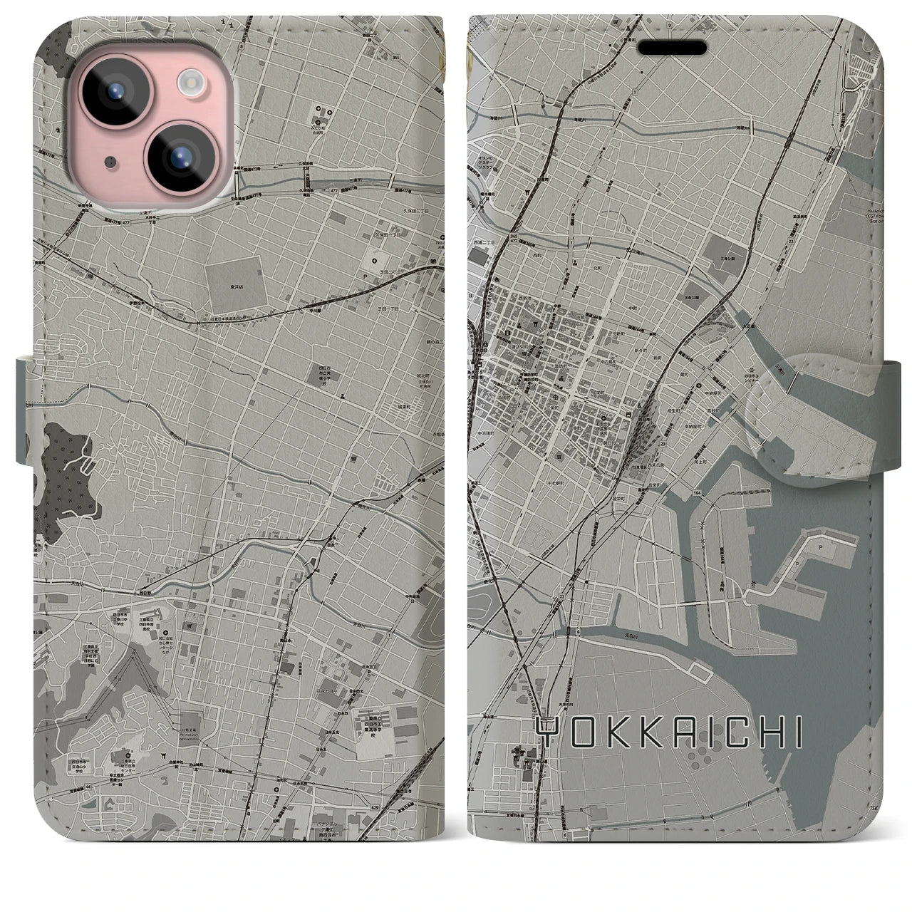 【四日市(三重県)】地図柄iPhoneケース(手帳タイプ)モノトーン・iPhone 15 Plus 用