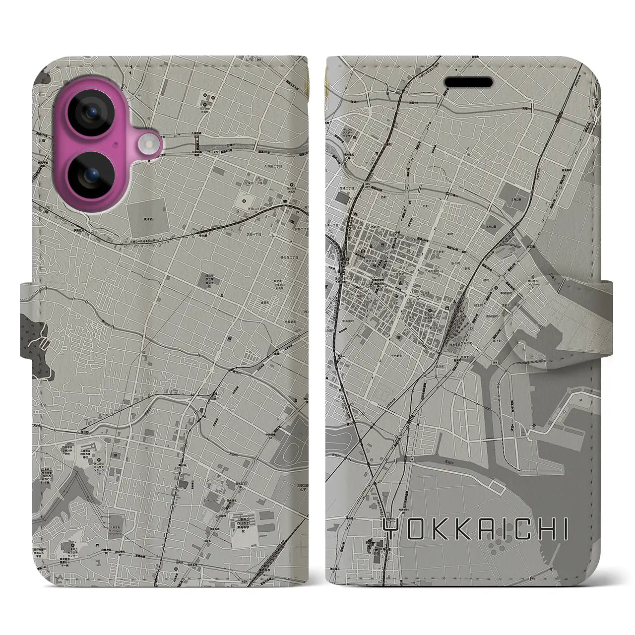 【四日市(三重県)】地図柄iPhoneケース(手帳タイプ)モノトーン・iPhone 16 Pro 用