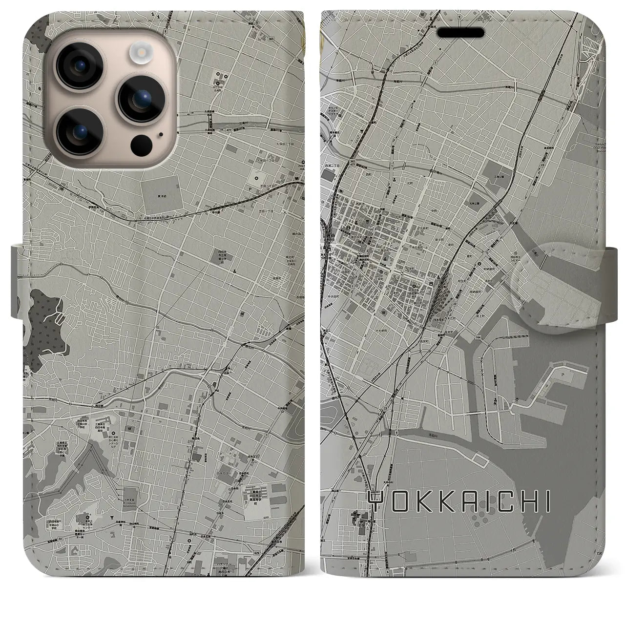 【四日市(三重県)】地図柄iPhoneケース(手帳タイプ)モノトーン・iPhone 16 Plus 用