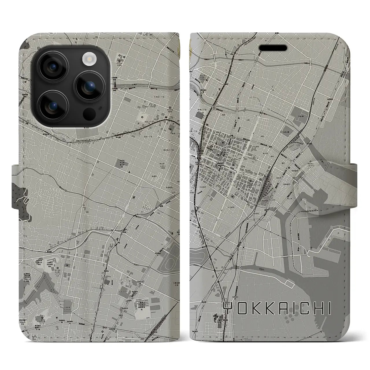 【四日市(三重県)】地図柄iPhoneケース(手帳タイプ)モノトーン・iPhone 16 用