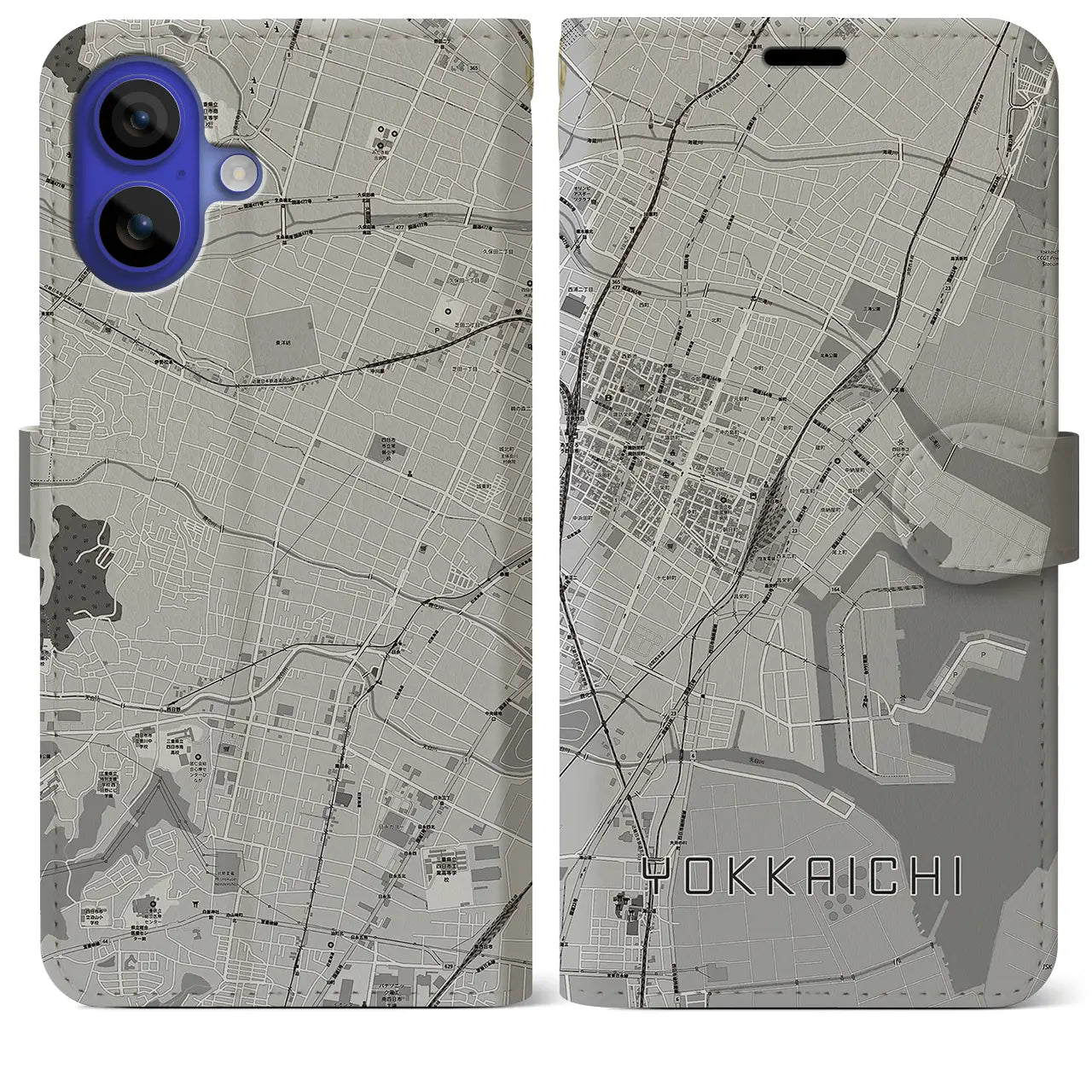 【四日市(三重県)】地図柄iPhoneケース(手帳タイプ)モノトーン・iPhone 16 Pro Max 用
