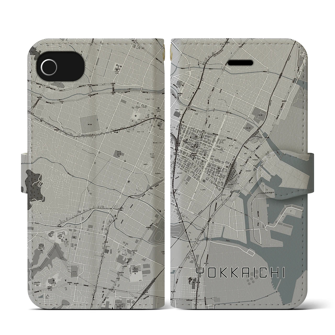 【四日市(三重県)】地図柄iPhoneケース(手帳タイプ)モノトーン・iPhone SE(第3 / 第2世代) / 8 / 7 / 6s / 6 用