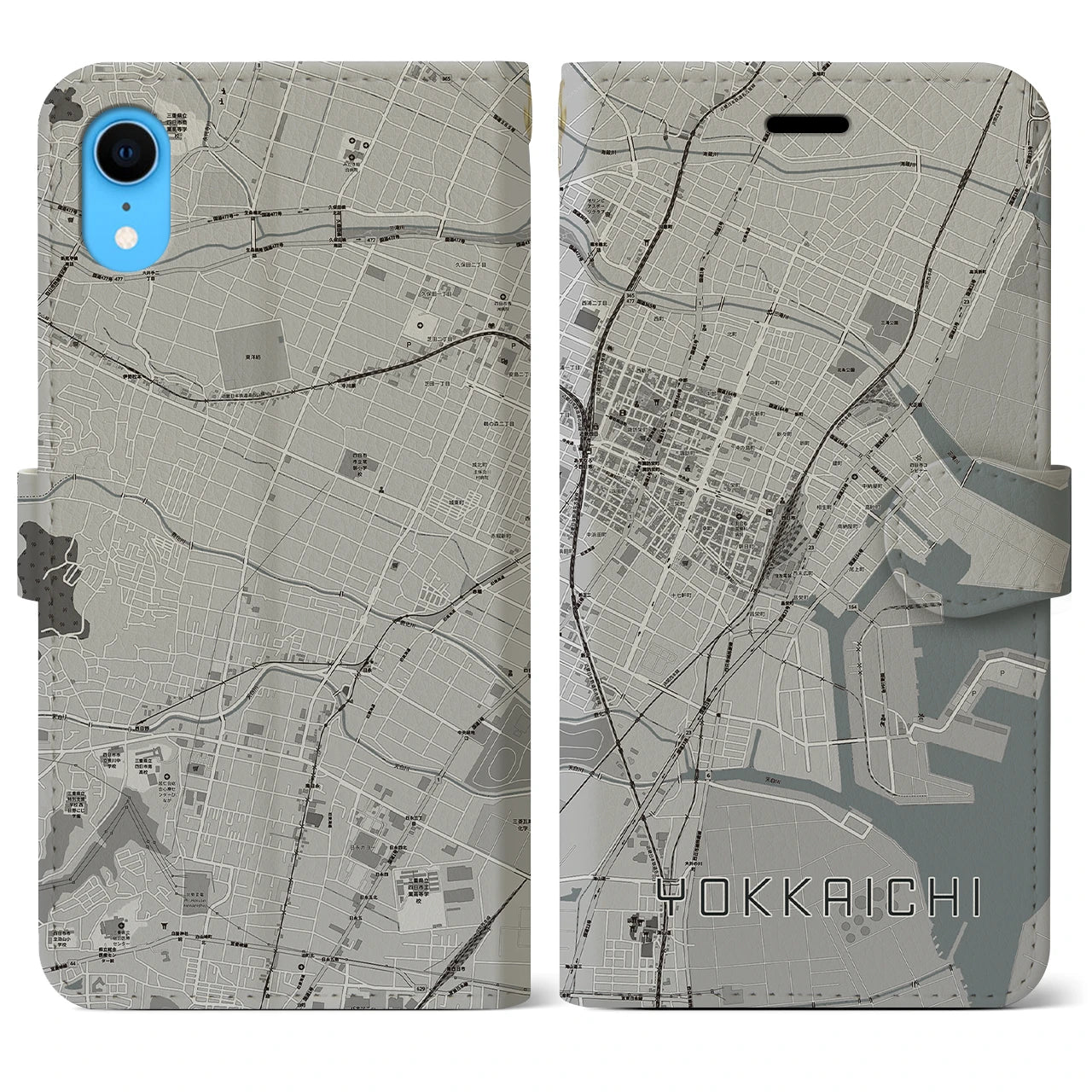 【四日市(三重県)】地図柄iPhoneケース(手帳タイプ)モノトーン・iPhone XR 用