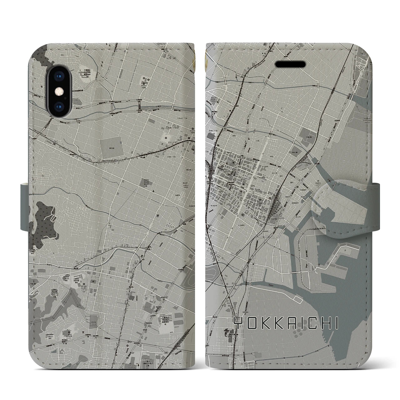 【四日市(三重県)】地図柄iPhoneケース(手帳タイプ)モノトーン・iPhone XS / X 用