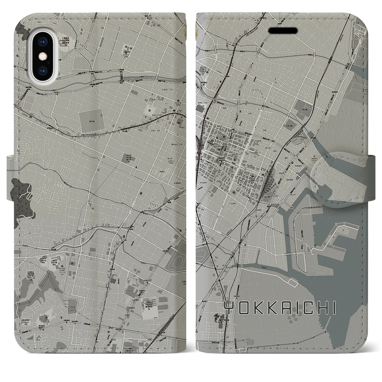 【四日市(三重県)】地図柄iPhoneケース(手帳タイプ)モノトーン・iPhone XS Max 用