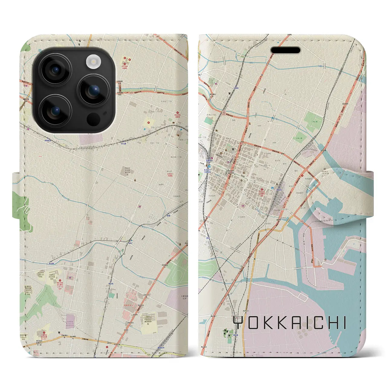 【四日市(三重県)】地図柄iPhoneケース(手帳タイプ)ナチュラル・iPhone 16 用