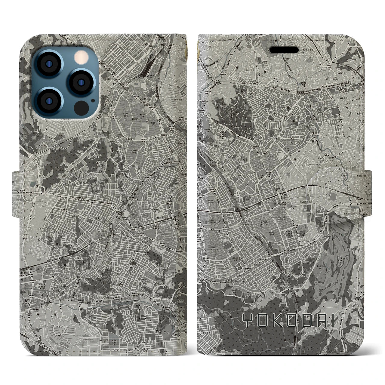 【洋光台(神奈川県)】地図柄iPhoneケース(手帳タイプ)モノトーン・iPhone 12 / 12 Pro 用