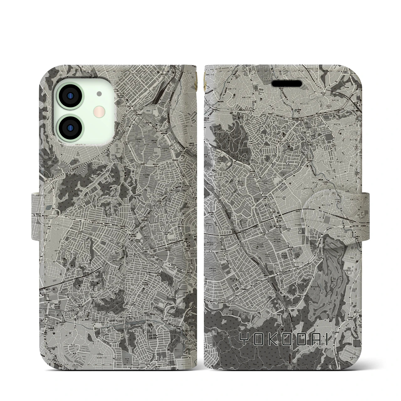 【洋光台(神奈川県)】地図柄iPhoneケース(手帳タイプ)モノトーン・iPhone 12 mini 用