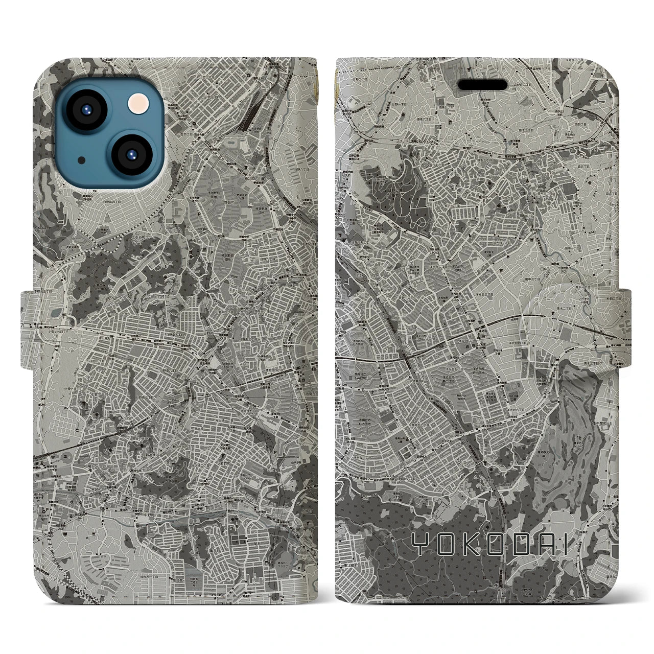 【洋光台(神奈川県)】地図柄iPhoneケース(手帳タイプ)モノトーン・iPhone 13 用