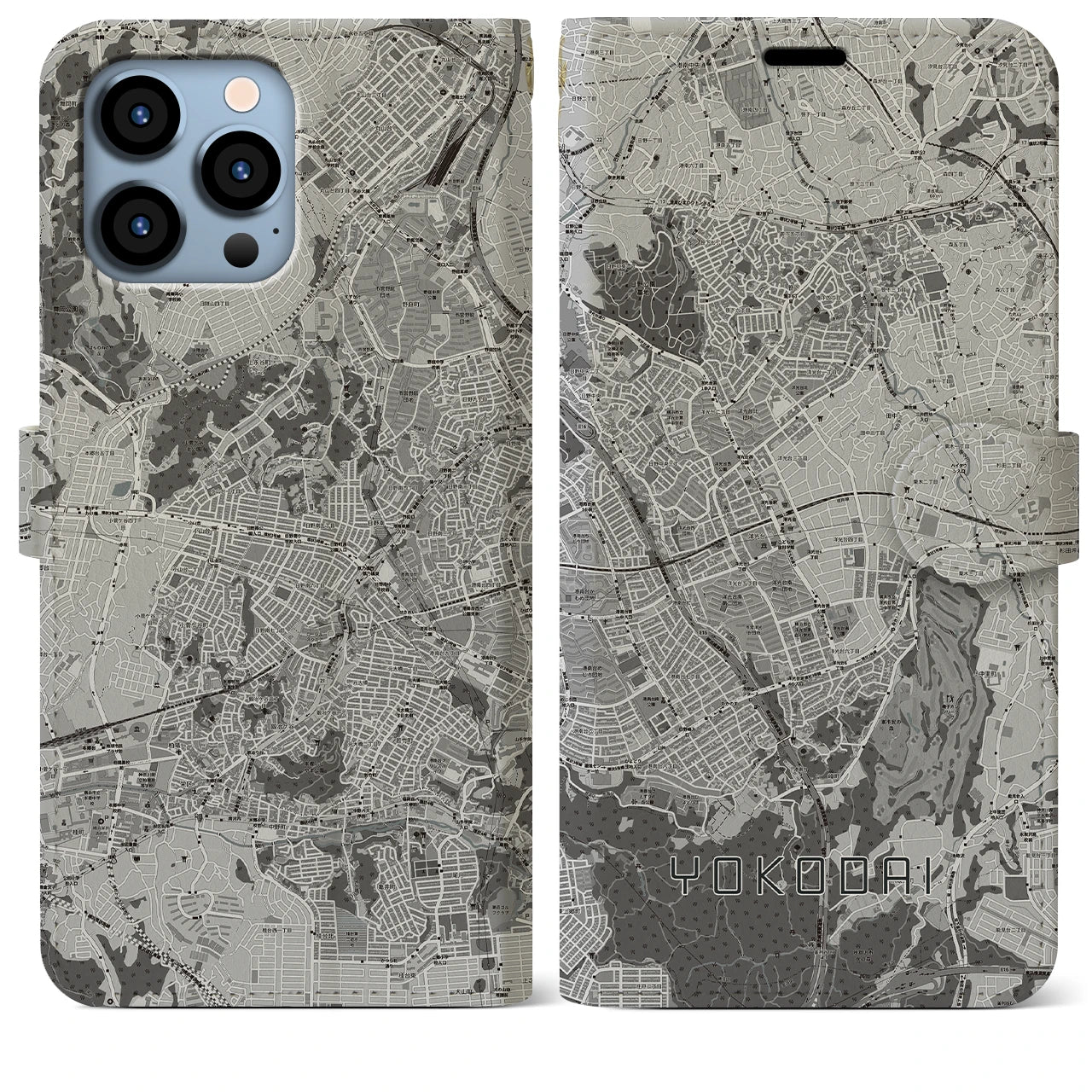 【洋光台(神奈川県)】地図柄iPhoneケース(手帳タイプ)モノトーン・iPhone 13 Pro Max 用