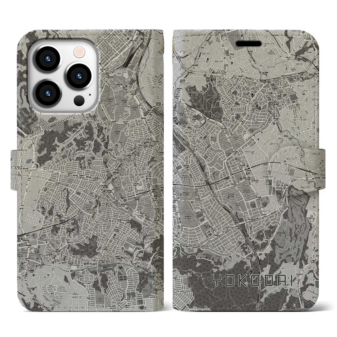 【洋光台(神奈川県)】地図柄iPhoneケース(手帳タイプ)モノトーン・iPhone 13 Pro 用