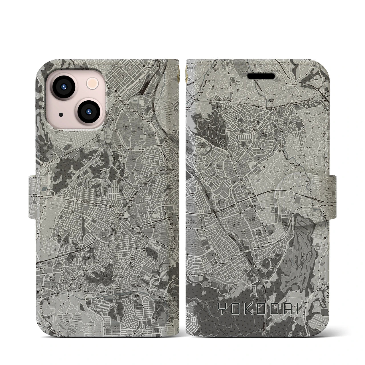【洋光台(神奈川県)】地図柄iPhoneケース(手帳タイプ)モノトーン・iPhone 13 mini 用
