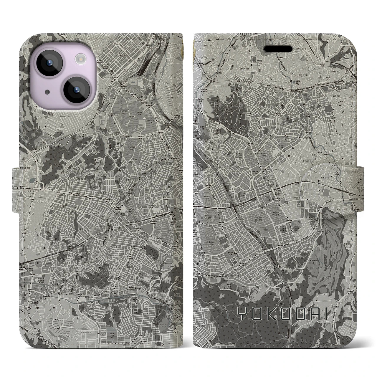 【洋光台(神奈川県)】地図柄iPhoneケース(手帳タイプ)モノトーン・iPhone 14 用
