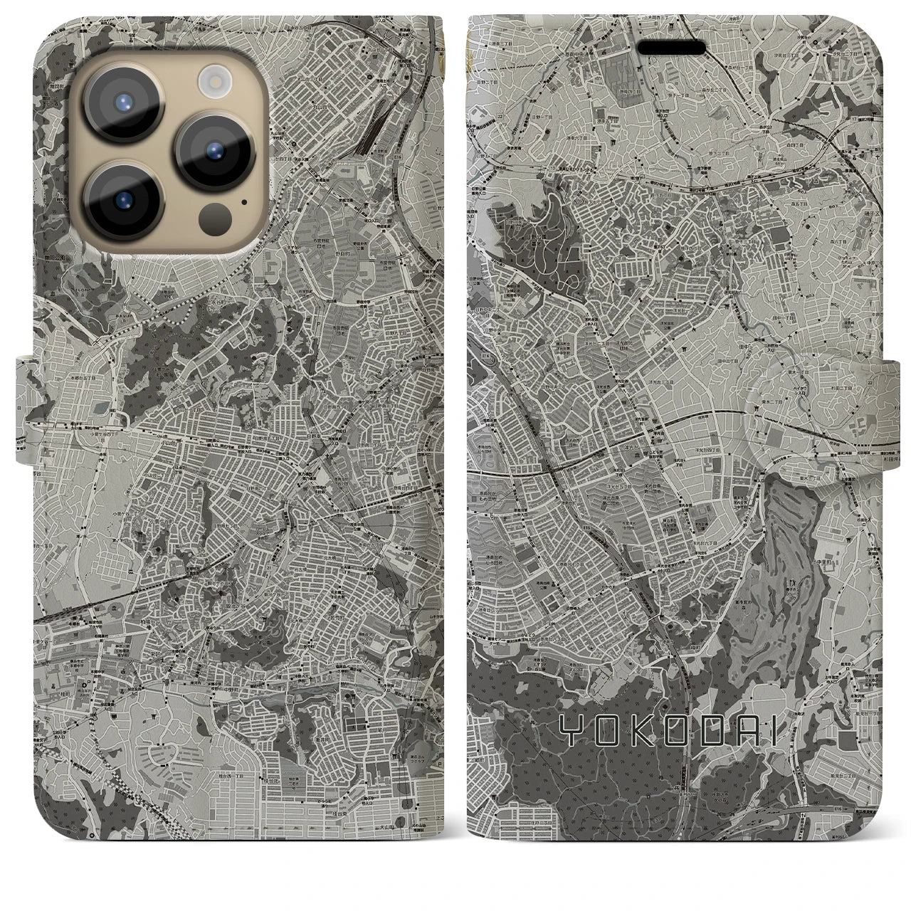 【洋光台(神奈川県)】地図柄iPhoneケース(手帳タイプ)モノトーン・iPhone 14 Pro Max 用