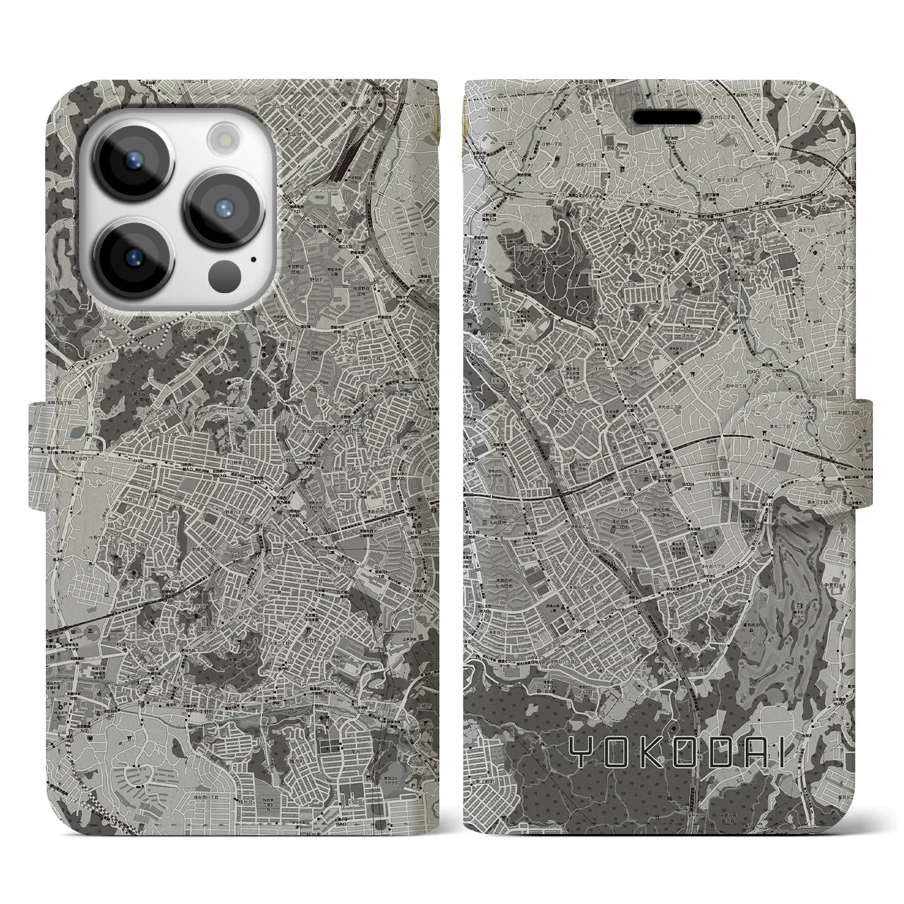 【洋光台(神奈川県)】地図柄iPhoneケース(手帳タイプ)モノトーン・iPhone 14 Pro 用