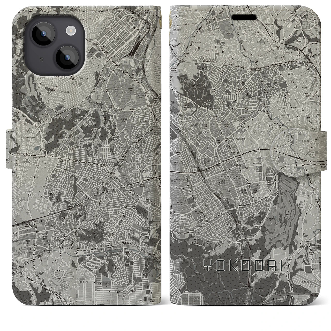 【洋光台(神奈川県)】地図柄iPhoneケース(手帳タイプ)モノトーン・iPhone 14 Plus 用