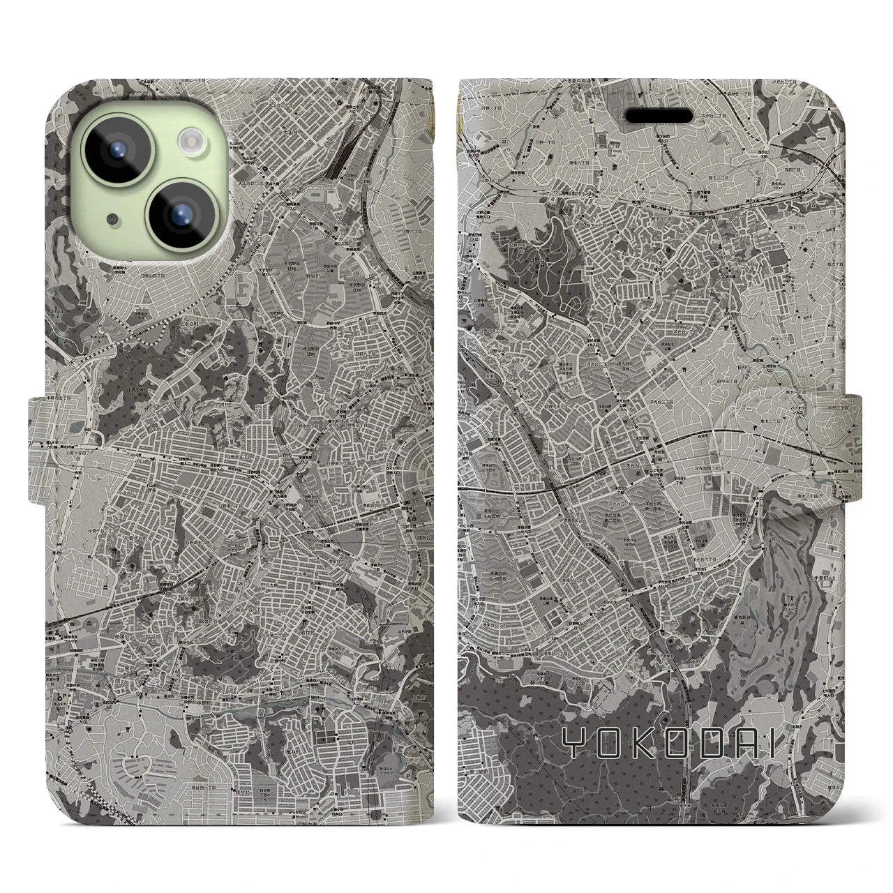 【洋光台(神奈川県)】地図柄iPhoneケース(手帳タイプ)モノトーン・iPhone 15 用