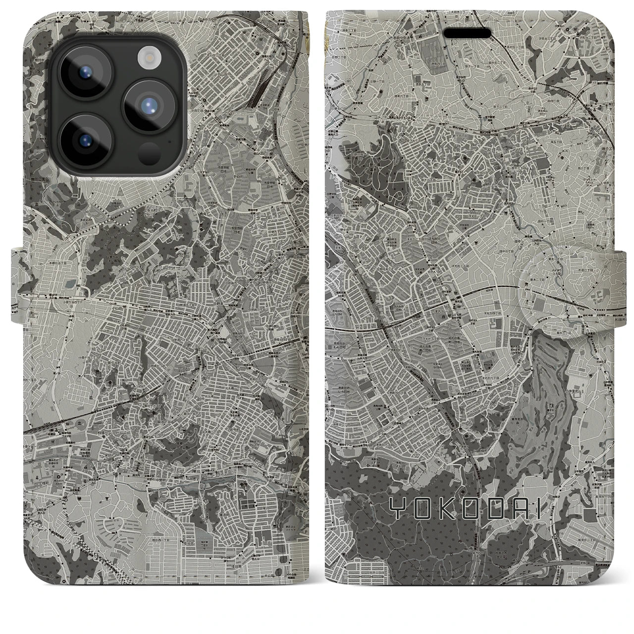 【洋光台(神奈川県)】地図柄iPhoneケース(手帳タイプ)モノトーン・iPhone 15 Pro Max 用