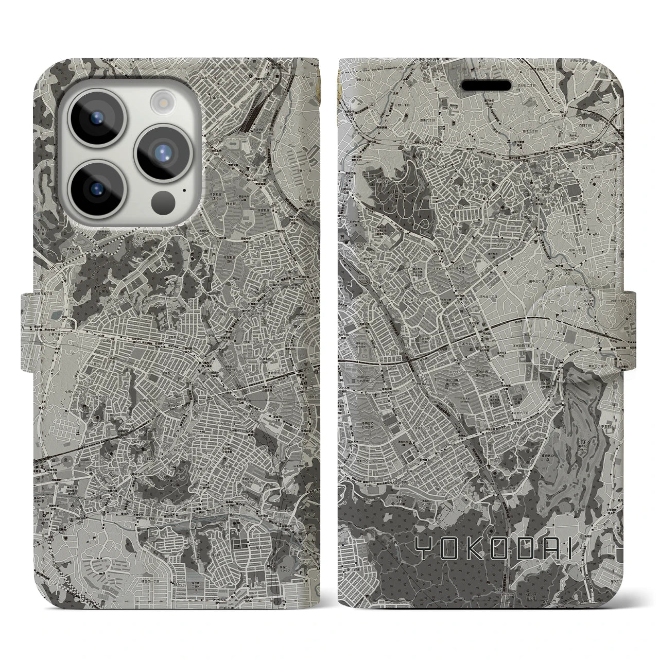 【洋光台(神奈川県)】地図柄iPhoneケース(手帳タイプ)モノトーン・iPhone 15 Pro 用