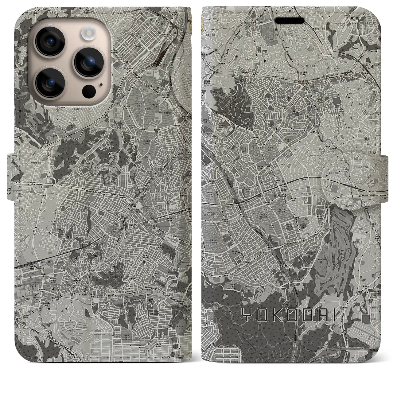 【洋光台(神奈川県)】地図柄iPhoneケース(手帳タイプ)モノトーン・iPhone 16 Plus 用