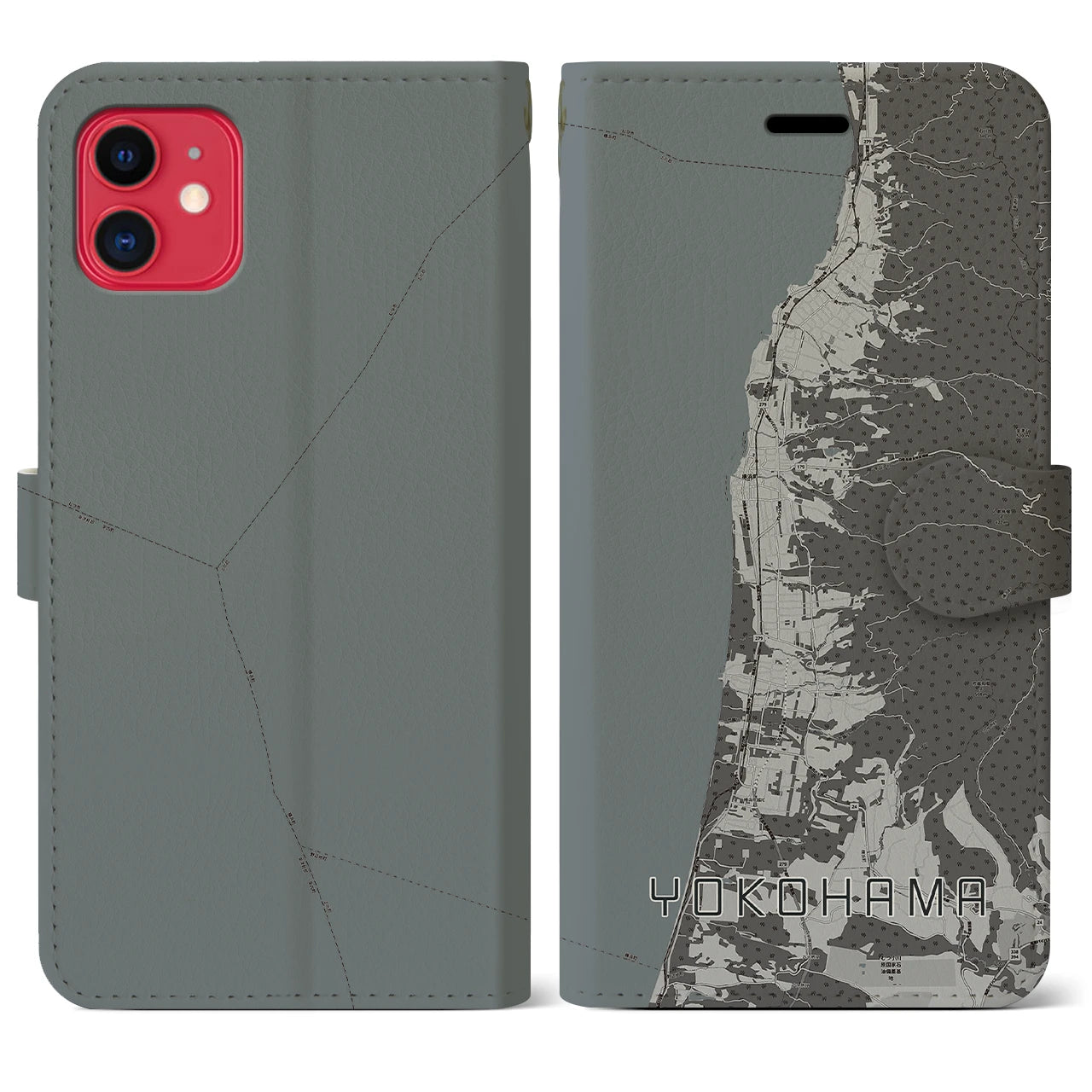 【横浜(青森県)】地図柄iPhoneケース(手帳タイプ)モノトーン・iPhone 11 用
