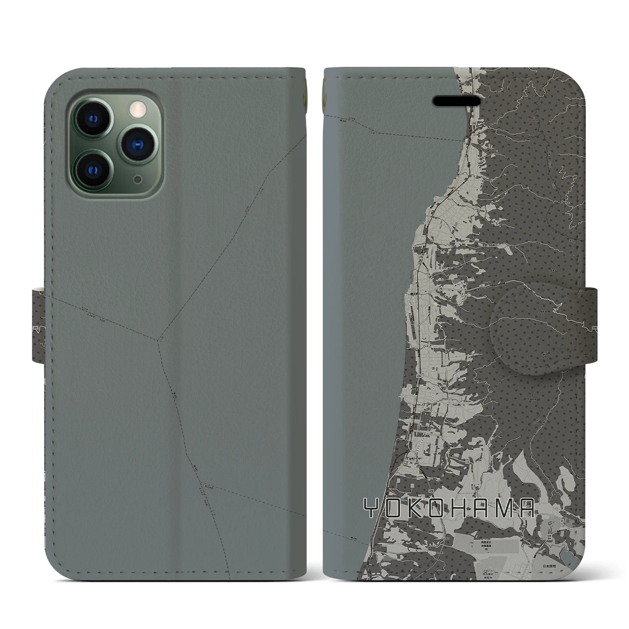 【横浜(青森県)】地図柄iPhoneケース(手帳タイプ)モノトーン・iPhone 11 Pro 用