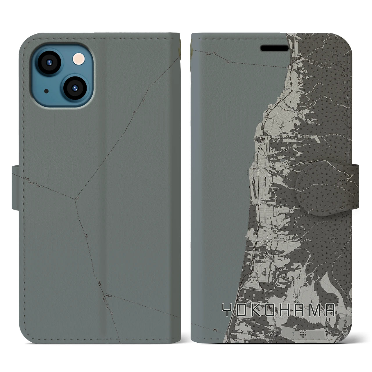 【横浜(青森県)】地図柄iPhoneケース(手帳タイプ)モノトーン・iPhone 13 用