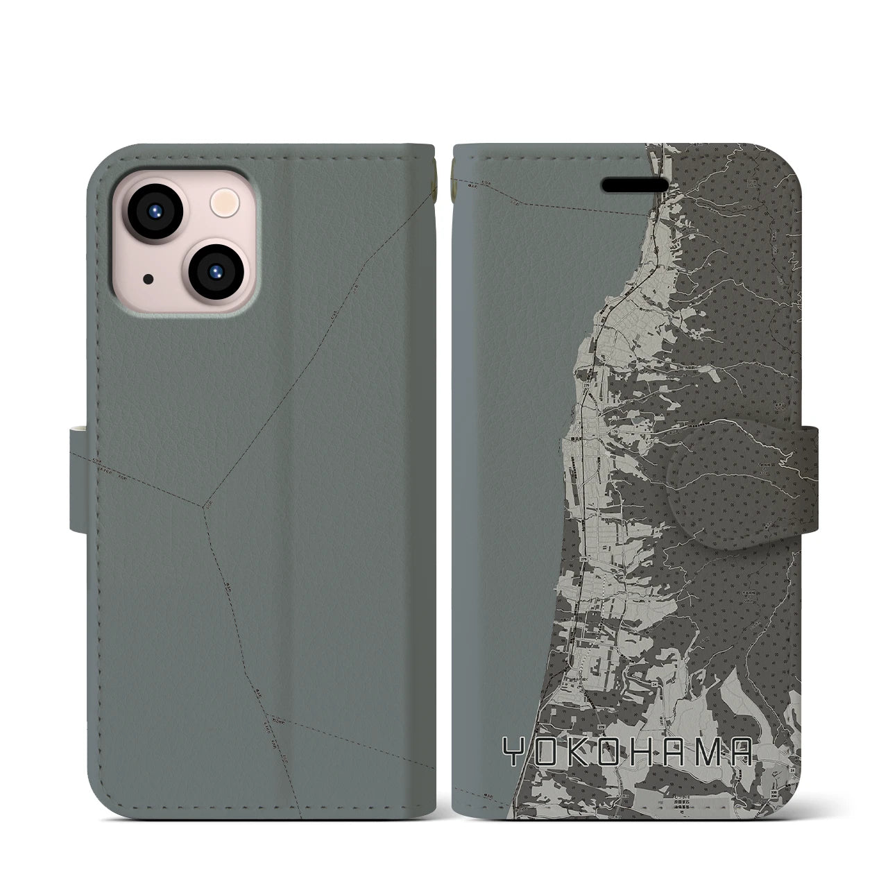 【横浜(青森県)】地図柄iPhoneケース(手帳タイプ)モノトーン・iPhone 13 mini 用