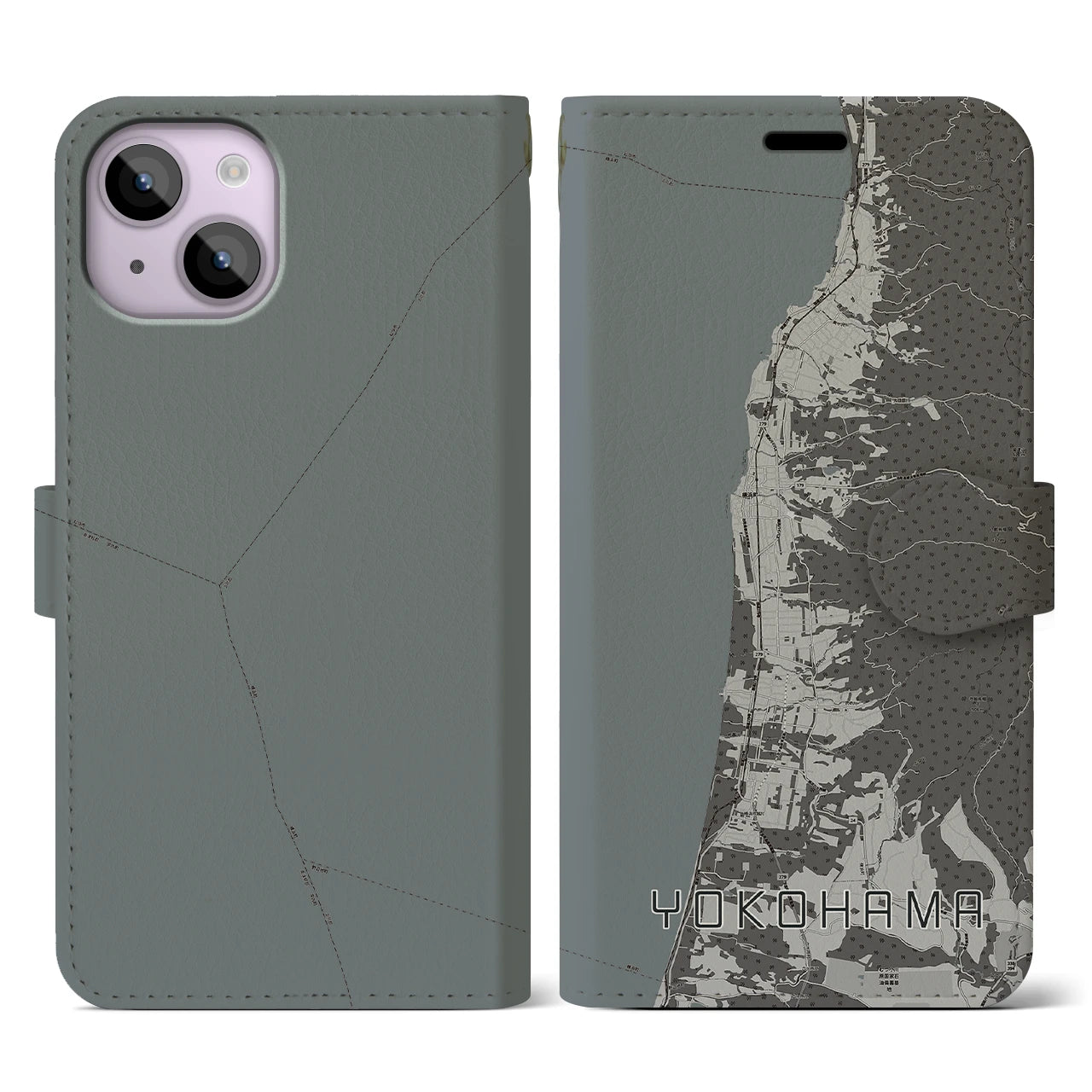 【横浜(青森県)】地図柄iPhoneケース(手帳タイプ)モノトーン・iPhone 14 用