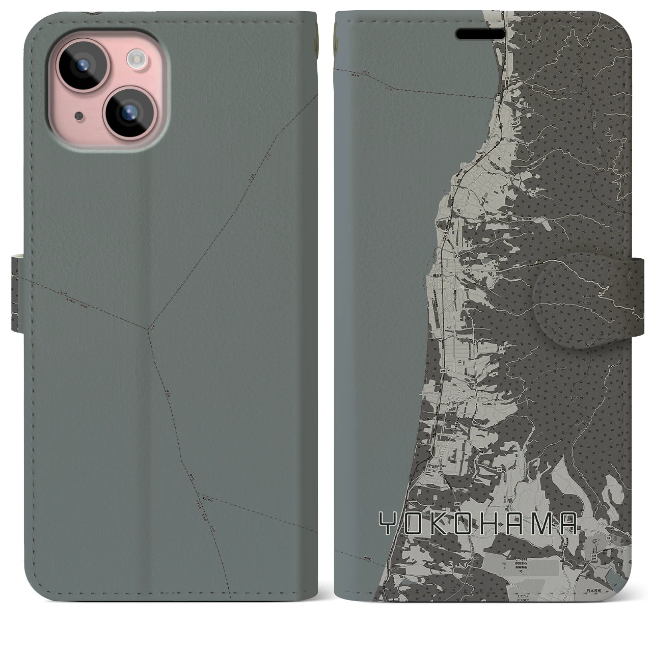 【横浜(青森県)】地図柄iPhoneケース(手帳タイプ)モノトーン・iPhone 15 Plus 用