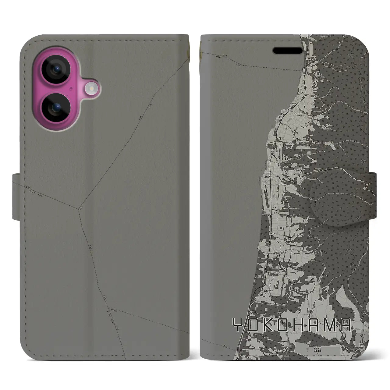 【横浜(青森県)】地図柄iPhoneケース(手帳タイプ)モノトーン・iPhone 16 Pro 用