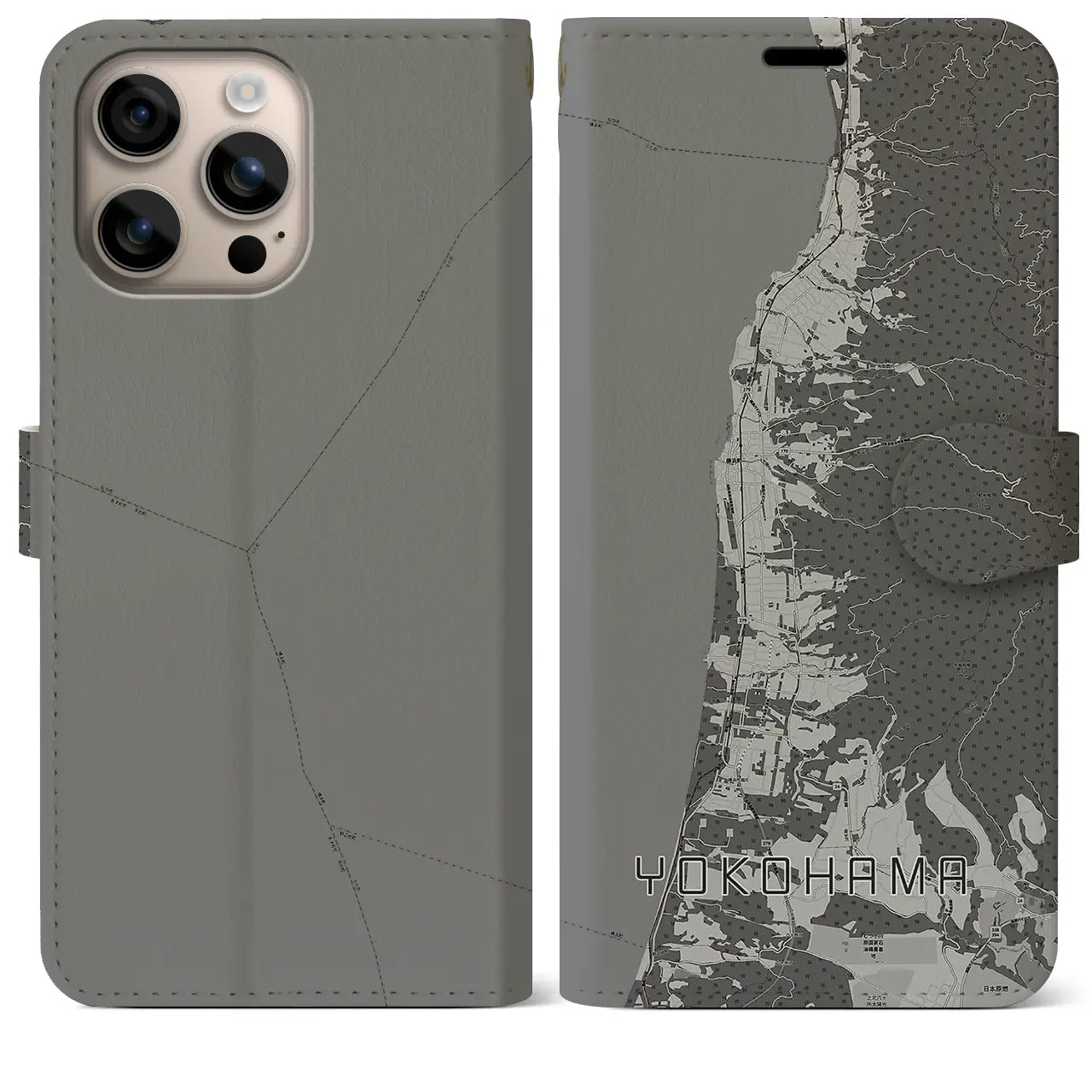 【横浜(青森県)】地図柄iPhoneケース(手帳タイプ)モノトーン・iPhone 16 Plus 用