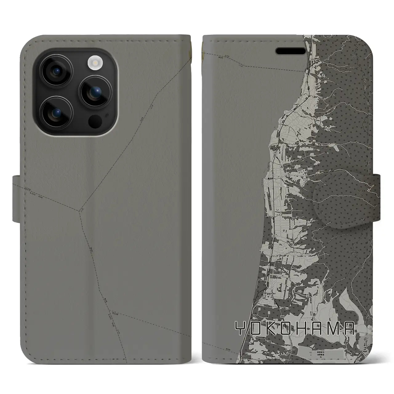 【横浜(青森県)】地図柄iPhoneケース(手帳タイプ)モノトーン・iPhone 16 用