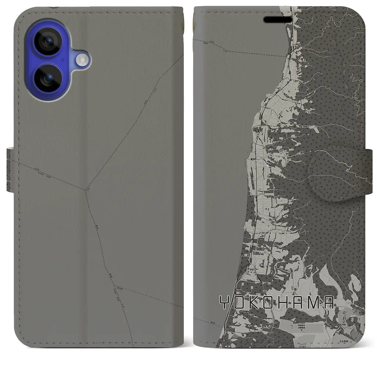 【横浜(青森県)】地図柄iPhoneケース(手帳タイプ)モノトーン・iPhone 16 Pro Max 用