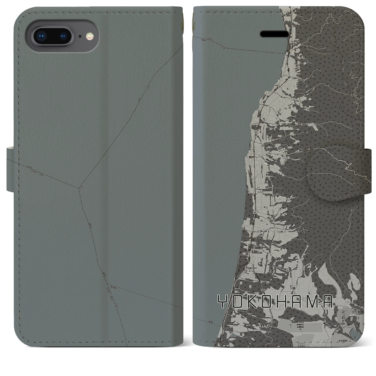 【横浜(青森県)】地図柄iPhoneケース(手帳タイプ)モノトーン・iPhone 8Plus /7Plus / 6sPlus / 6Plus 用
