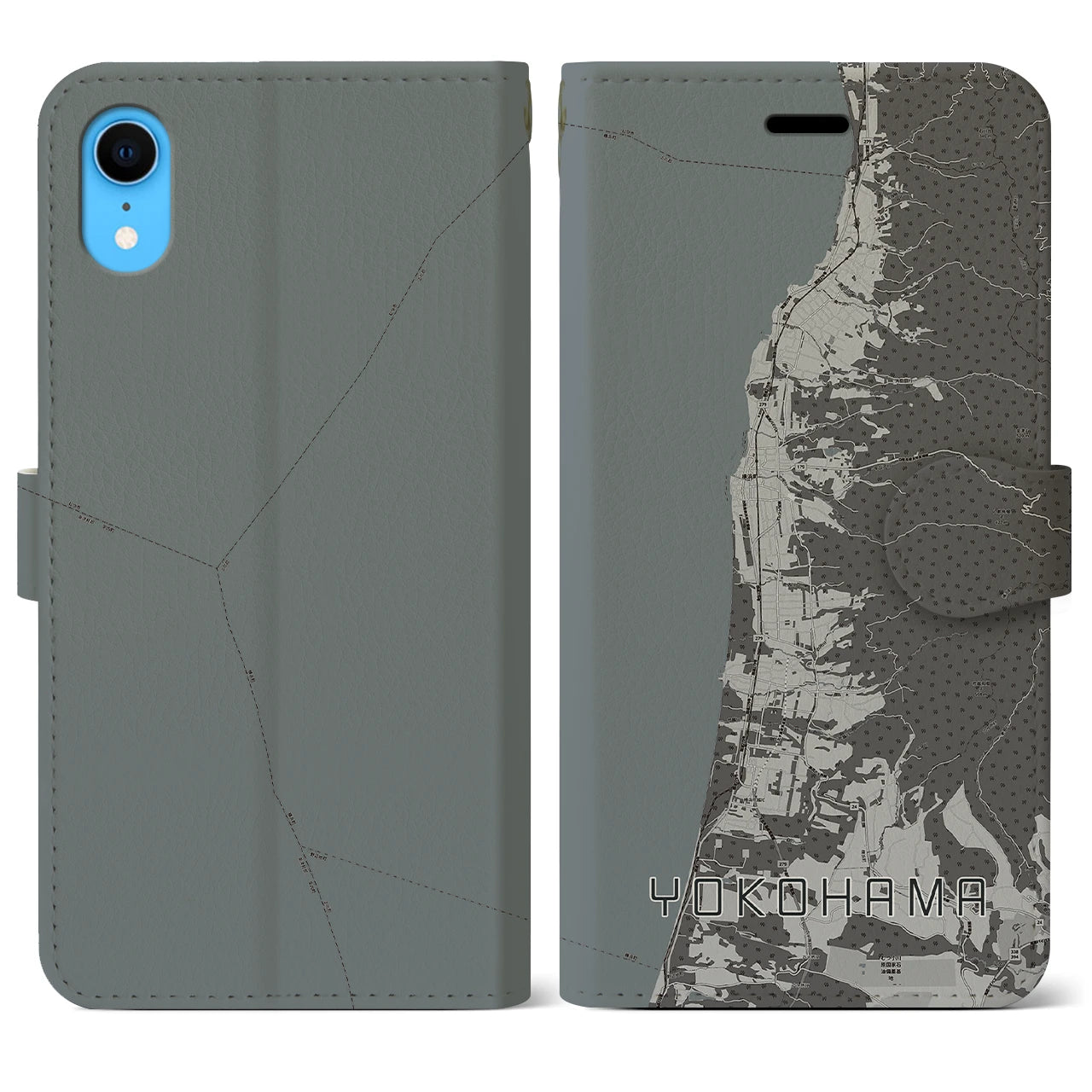 【横浜(青森県)】地図柄iPhoneケース(手帳タイプ)モノトーン・iPhone XR 用