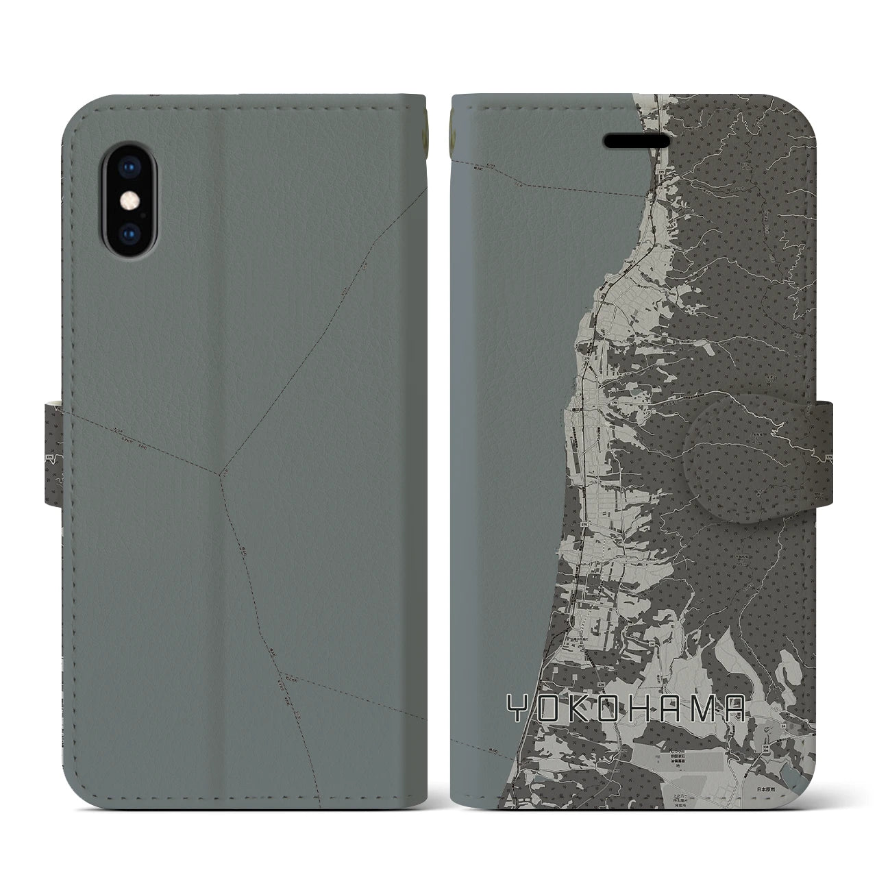 【横浜(青森県)】地図柄iPhoneケース(手帳タイプ)モノトーン・iPhone XS / X 用