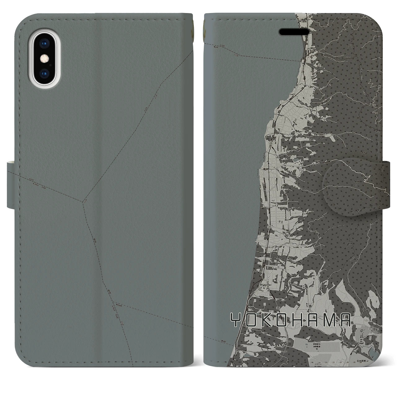 【横浜(青森県)】地図柄iPhoneケース(手帳タイプ)モノトーン・iPhone XS Max 用
