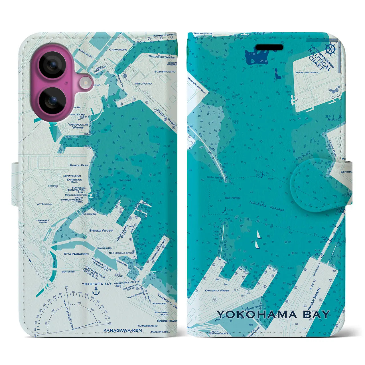 【横浜港(神奈川県)】海図iPhoneケース(手帳タイプ)ブルー・iPhone 16 Pro 用