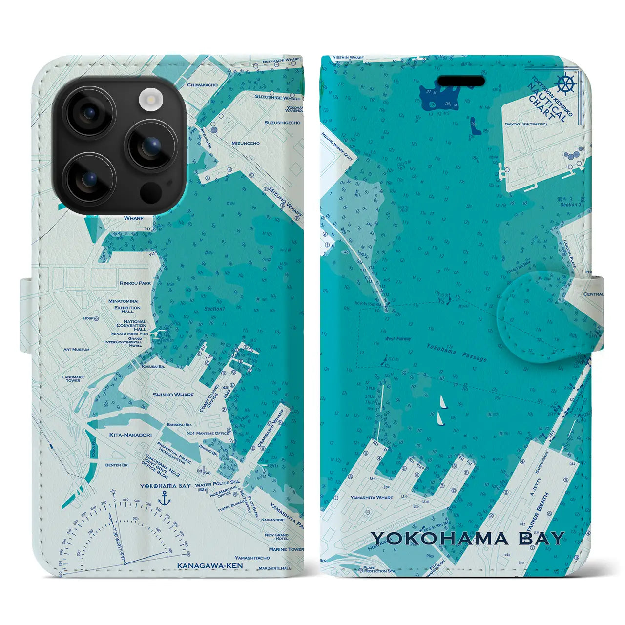 【横浜港(神奈川県)】海図iPhoneケース(手帳タイプ)ブルー・iPhone 16 用